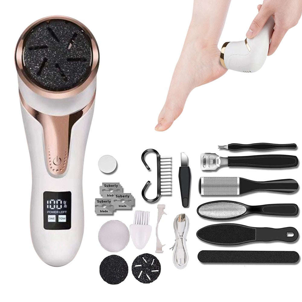 White Electric Foot File Callus Remover LCD Display with 2 Grinding Heads and 10 Pedicure Tools Kit