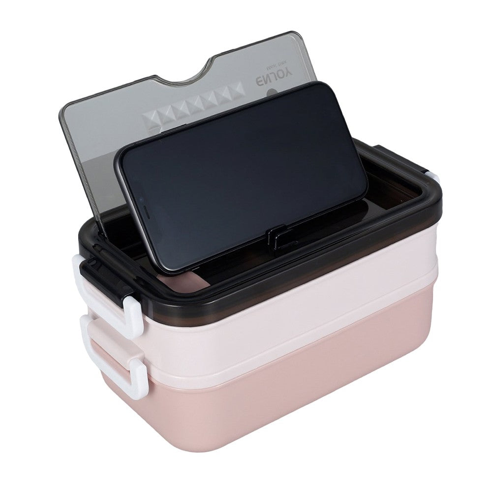 Double-layered Lunch Box Food Containers Stainless Steel Bento Box with Dinnerware Pink