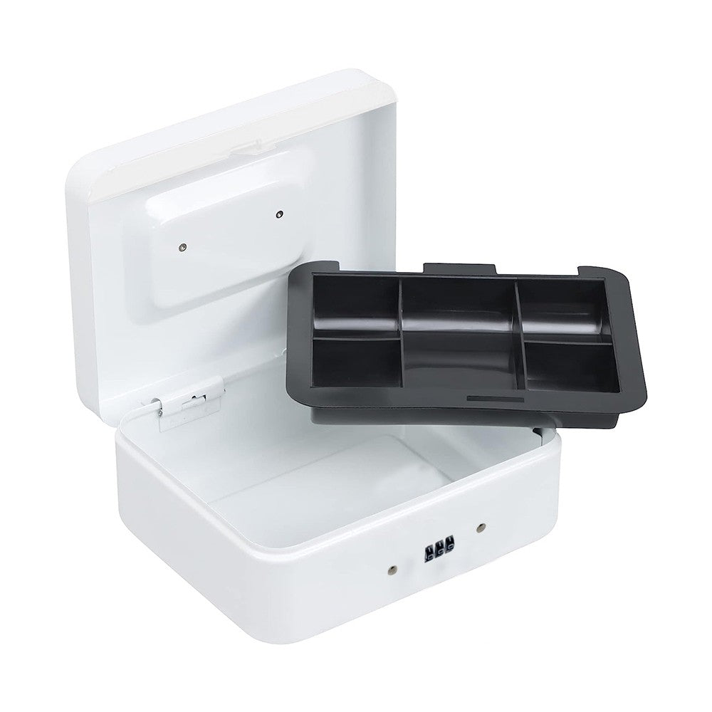 30x24x9cm Lockable Cash Box with Coin Tray Combination Lock Money Box Desktop Safe White