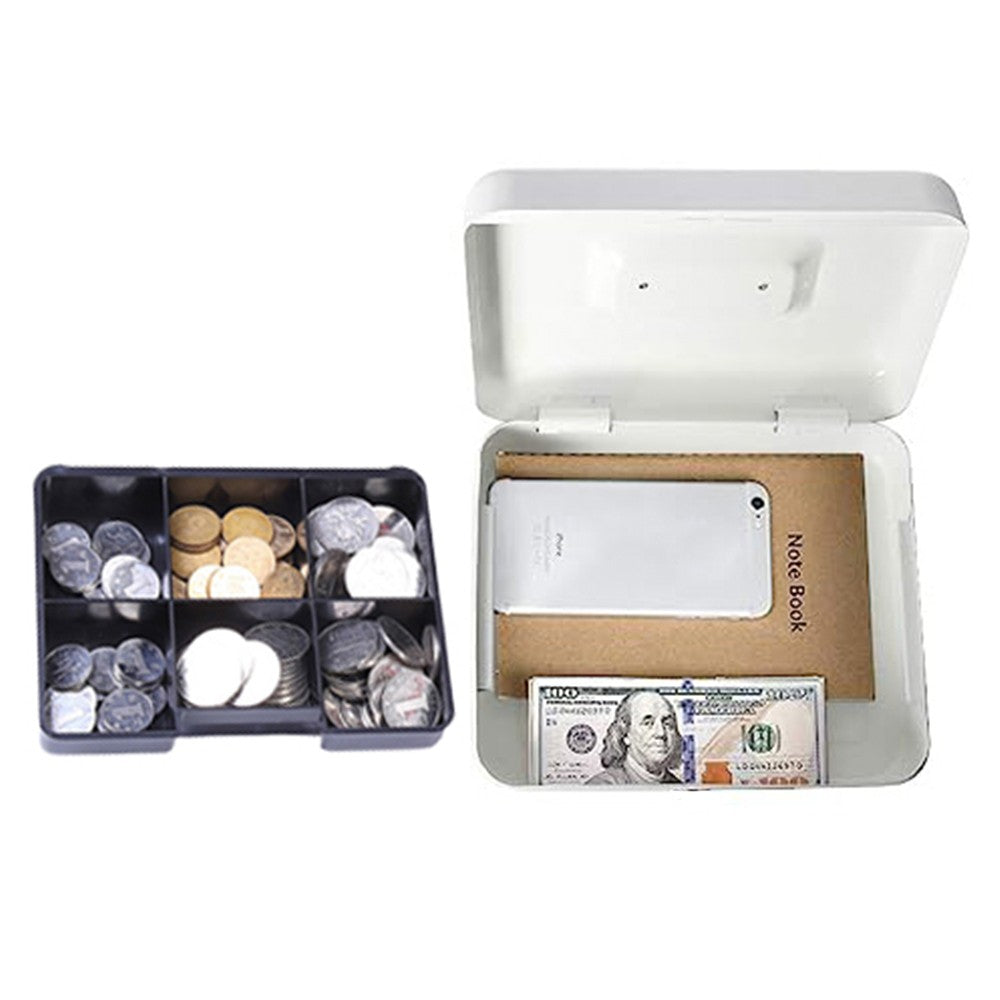 15x12x8cm Lockable Cash Box with Coin Tray Combination Lock Money Box Desktop Safe White