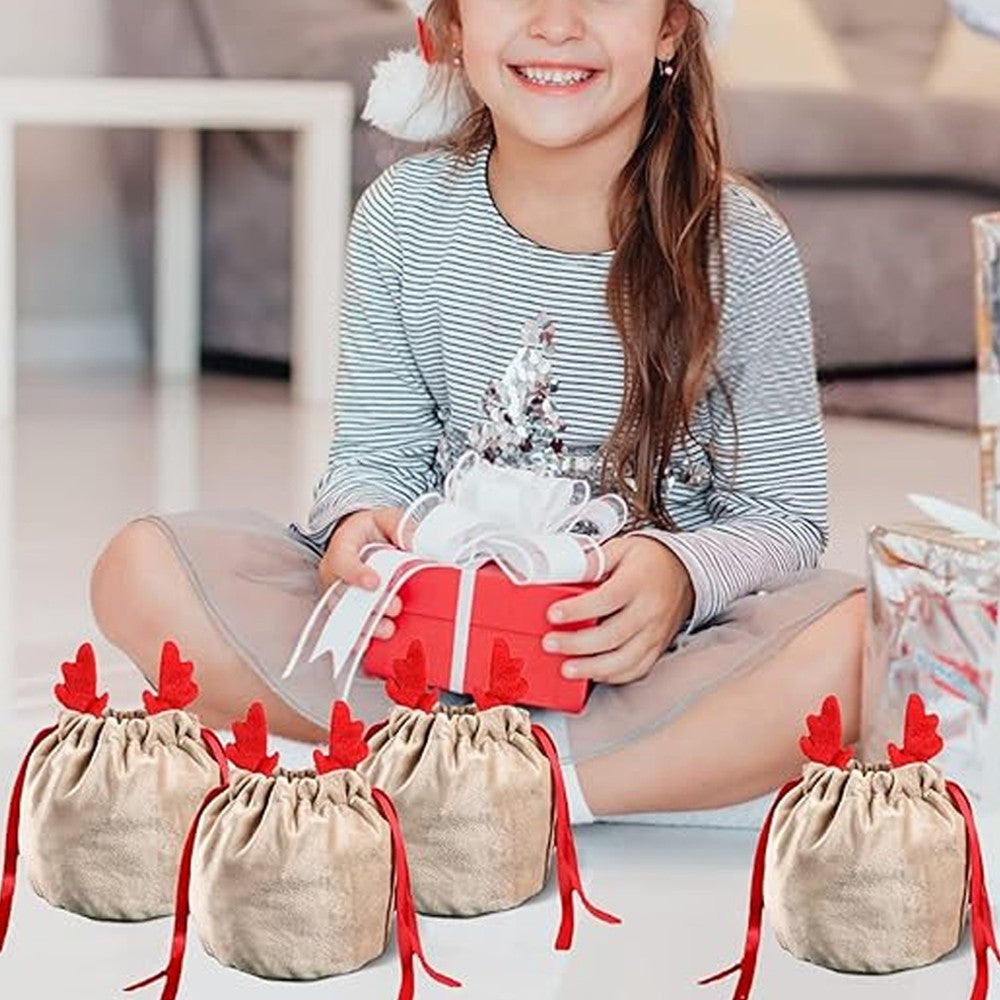 10Pcs Christmas Antlers Candy Bags Reusable Xmas Treat Cookie Bag Drawstring Bag