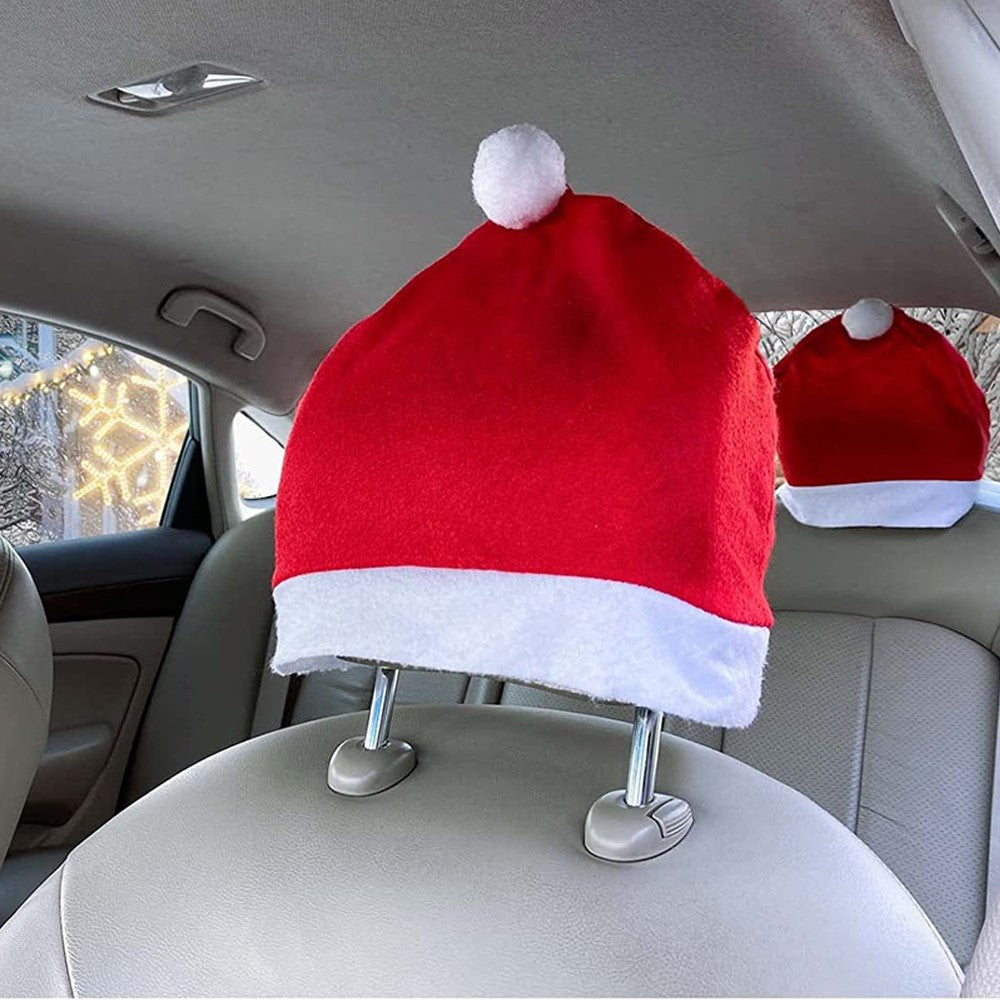 8Pcs Christmas Santa Claus Hat Car Seat Headrest Cover Car Interior Accessories Xmas Decoration