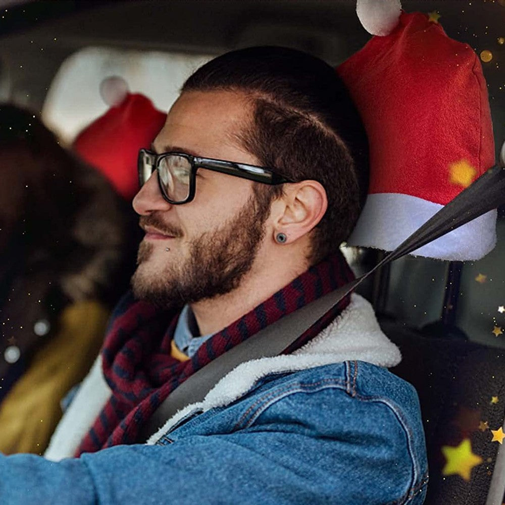 8Pcs Christmas Santa Claus Hat Car Seat Headrest Cover Car Interior Accessories Xmas Decoration