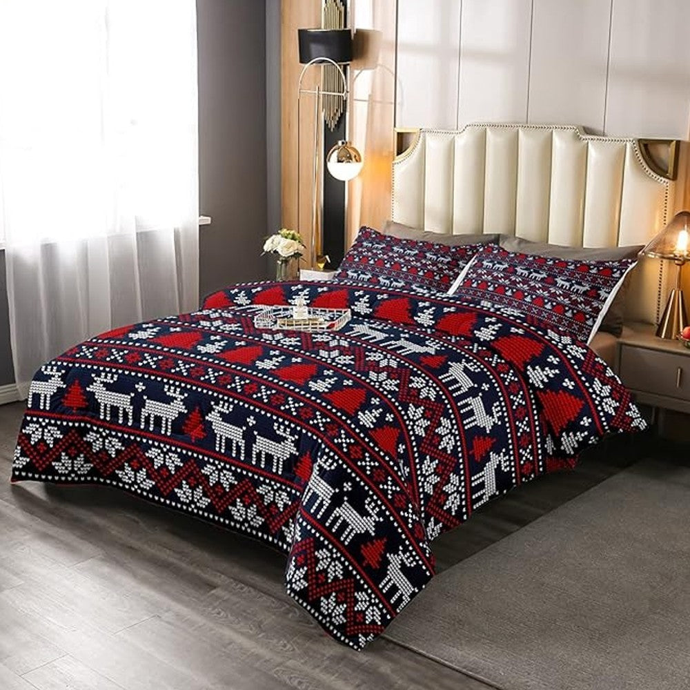 Christmas Printed Bedding Set Quilt Cover Pillowcases Set for Queen Bed - Style 5