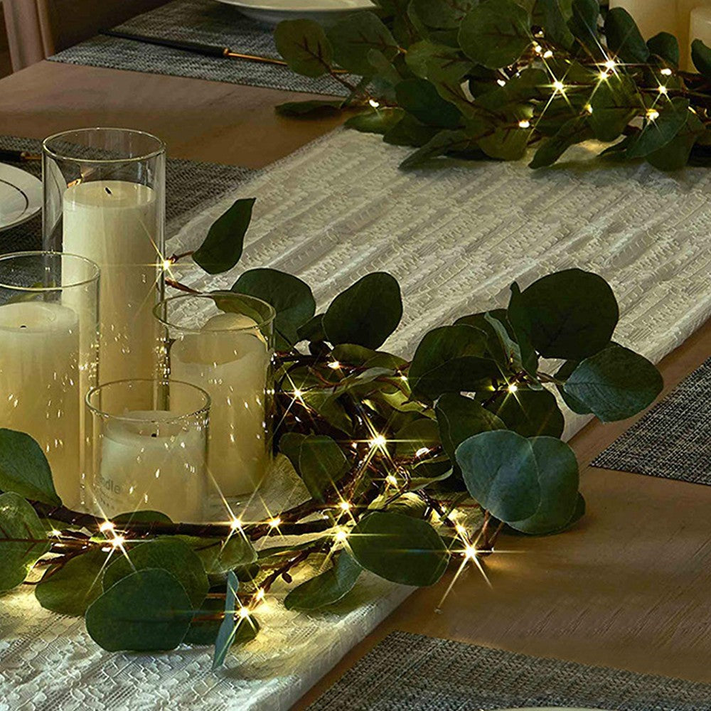 2Pcs 1.8m Lighted Artificial Vine Garland Light Battery Operated String Light with Timer - Eucalyptus Leaf