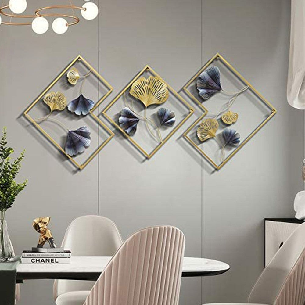 3-Piece Metal Ginkgo Leaf Wall Art Decor Set Home Wall Hangings - Dark Blue