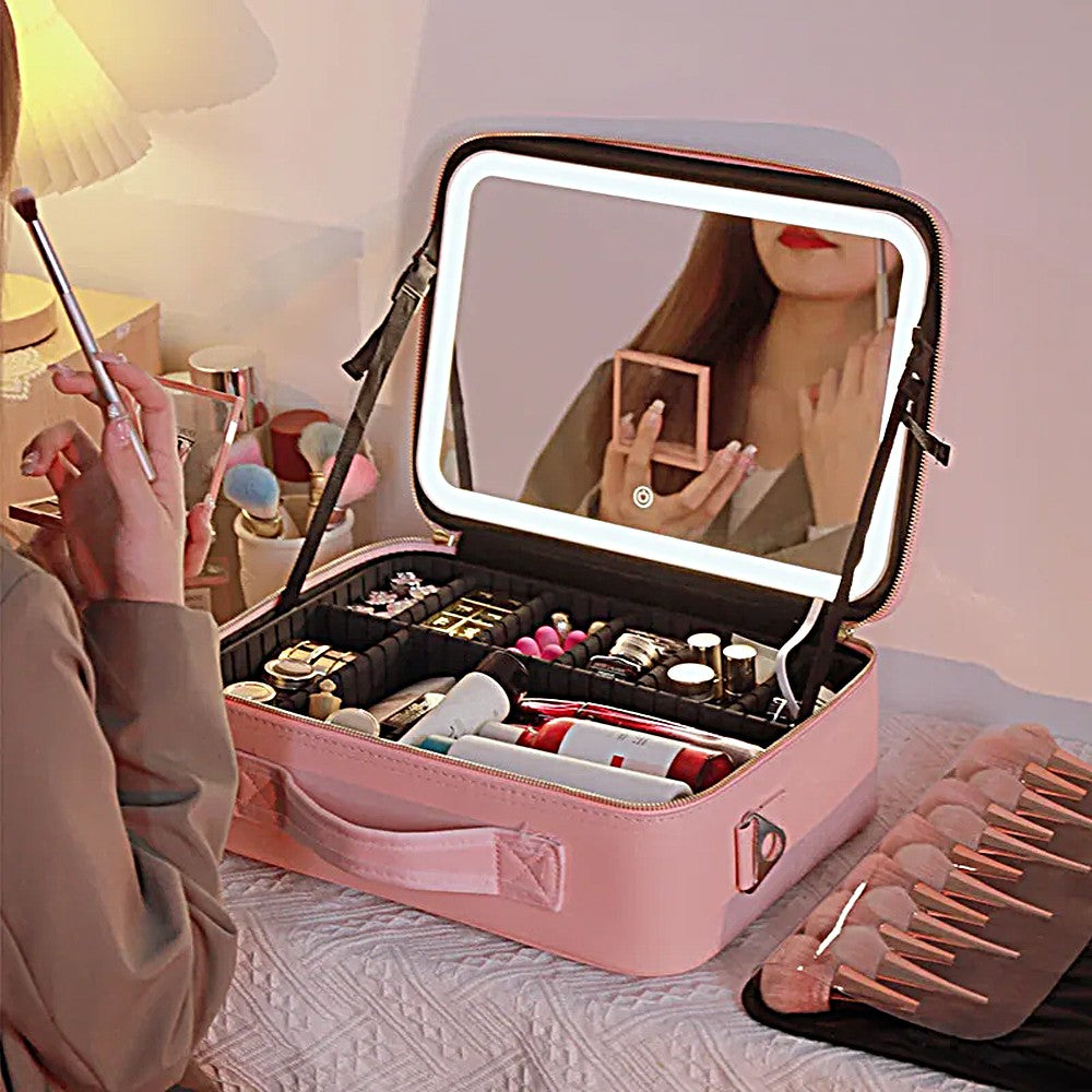 Portable Travel Makeup Case Cosmetic Box with Mirror and LED Light - Pink - L