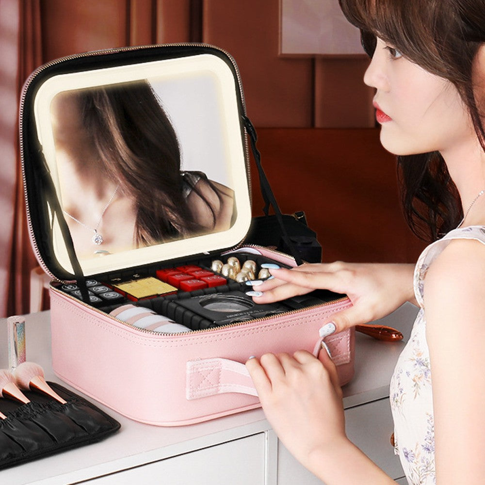 Portable Travel Makeup Case Cosmetic Box with Mirror and LED Light - Pink - S