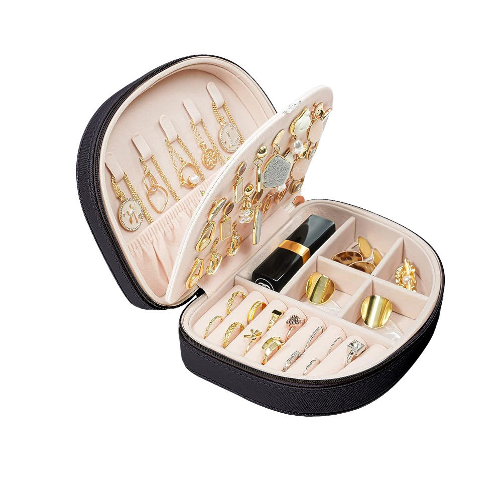 Portable Double Layer Jewelry Box PU Leather Jewelry Storage Case - Black