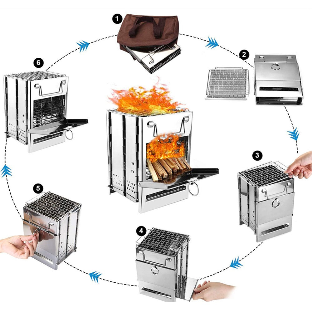 14x14x21cm Foldable BBQ Stove Portable Wood Burning Camping Stove with Grid Rack