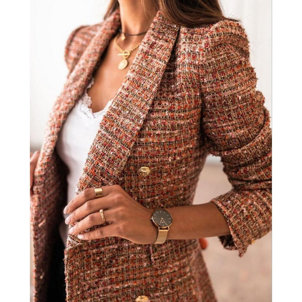 Women Double Breasted Printed Coat Brown