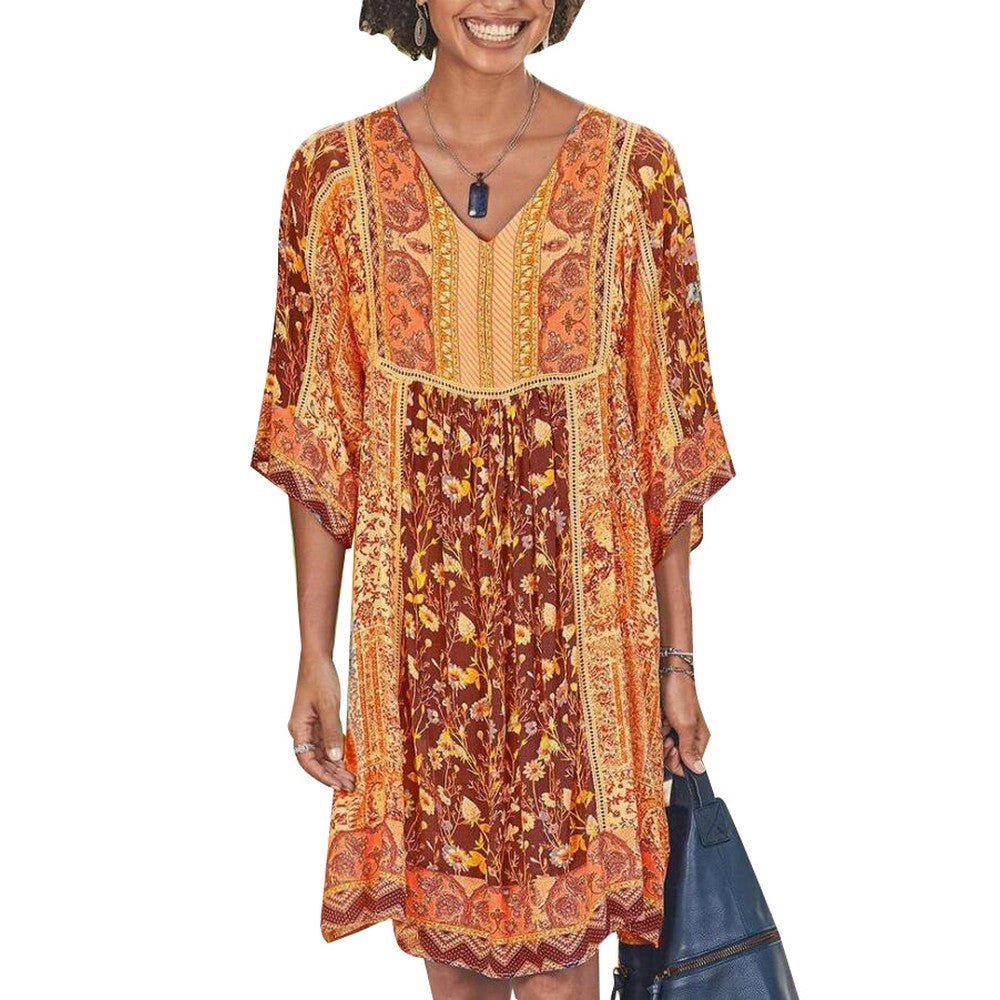 Women V Neck Bohemian Print Dress