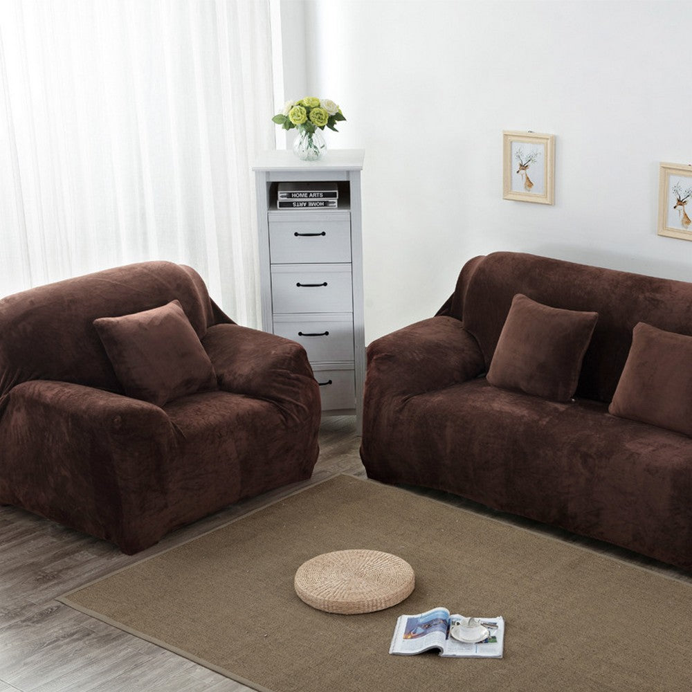 Two Seaters Fleeced Sofa Cover Coffee