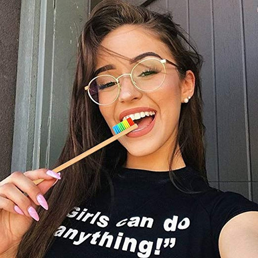 5 X Bamboo Toothbrushes with Rainbow Bristles