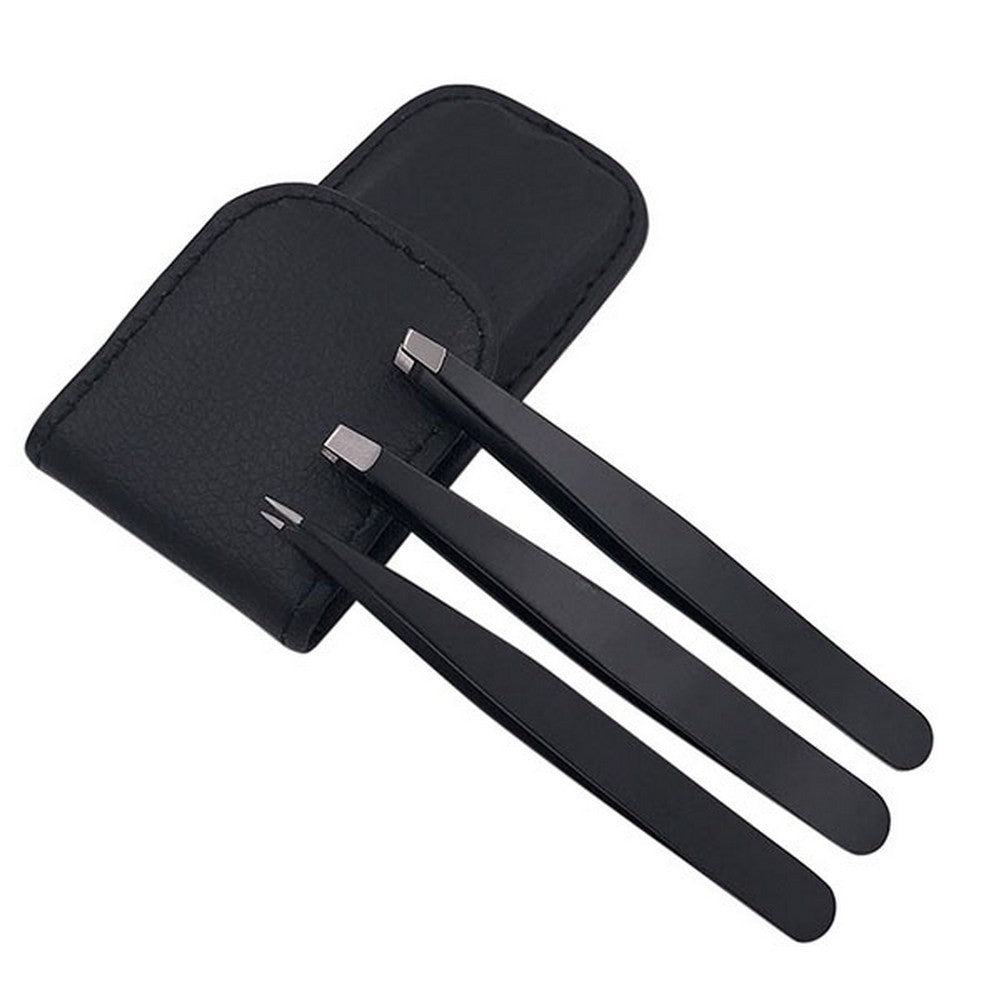 Set of 3Pcs Eyebrow Tweezers with Storage Pouch Black