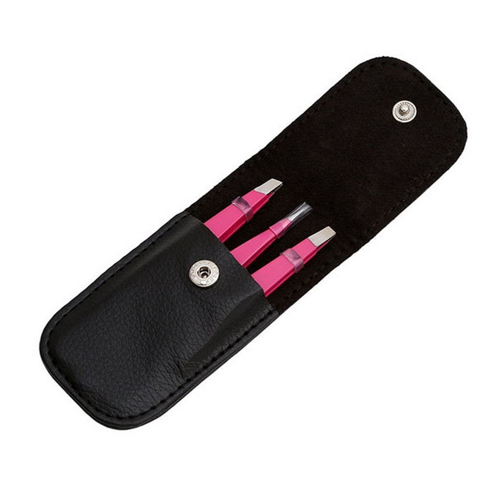 Set of 3Pcs Eyebrow Tweezers with Storage Pouch Rose Red