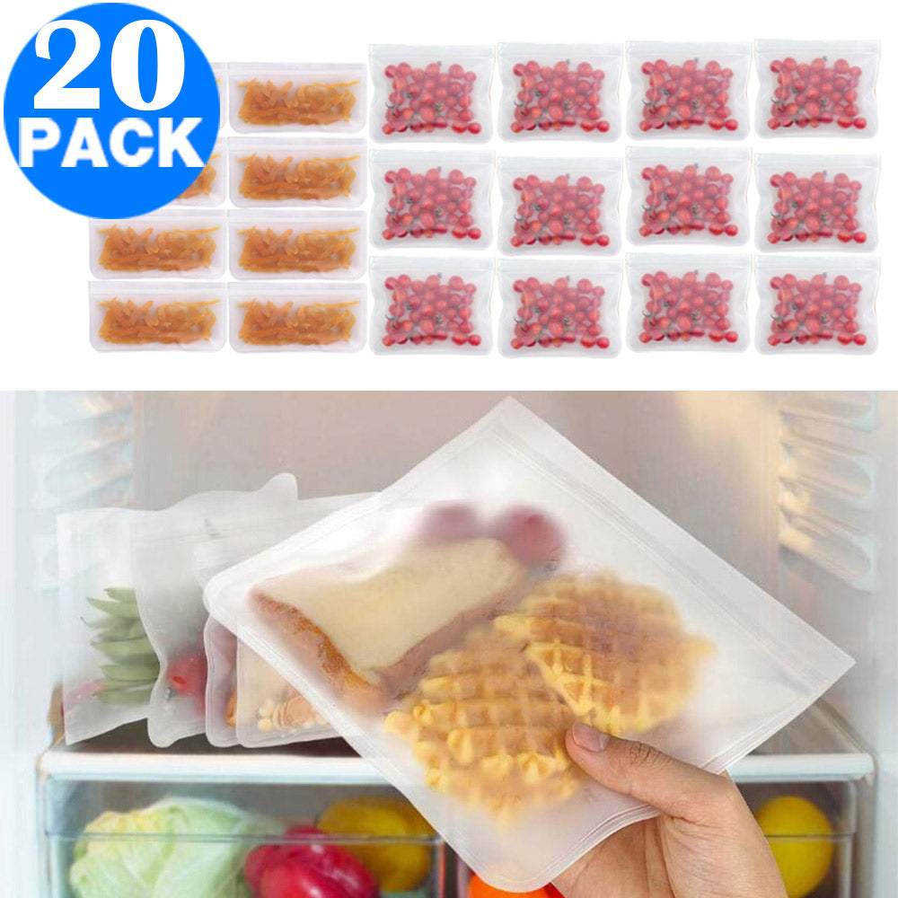 20Pcs Reusable PEVA Food Storage Bag Zip Lock Eco friendly Snack Bags 21x12cm 21x18cm