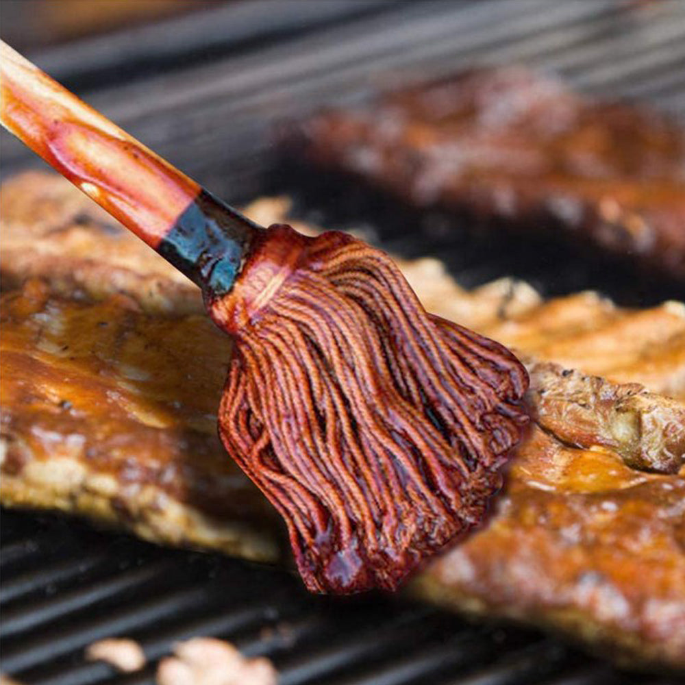 BBQ Grilling Basting Mop Brush Roasting Heat Resistant Wooden Handle with 5 Replacement Heads