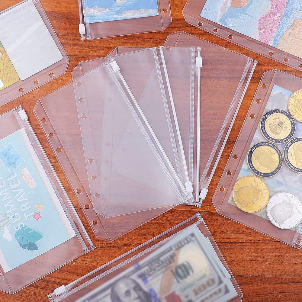 12Pcs Transparent A6 Binder Pockets 6 Holes Budget Zipper Folders Cash Envelopes Document Bag