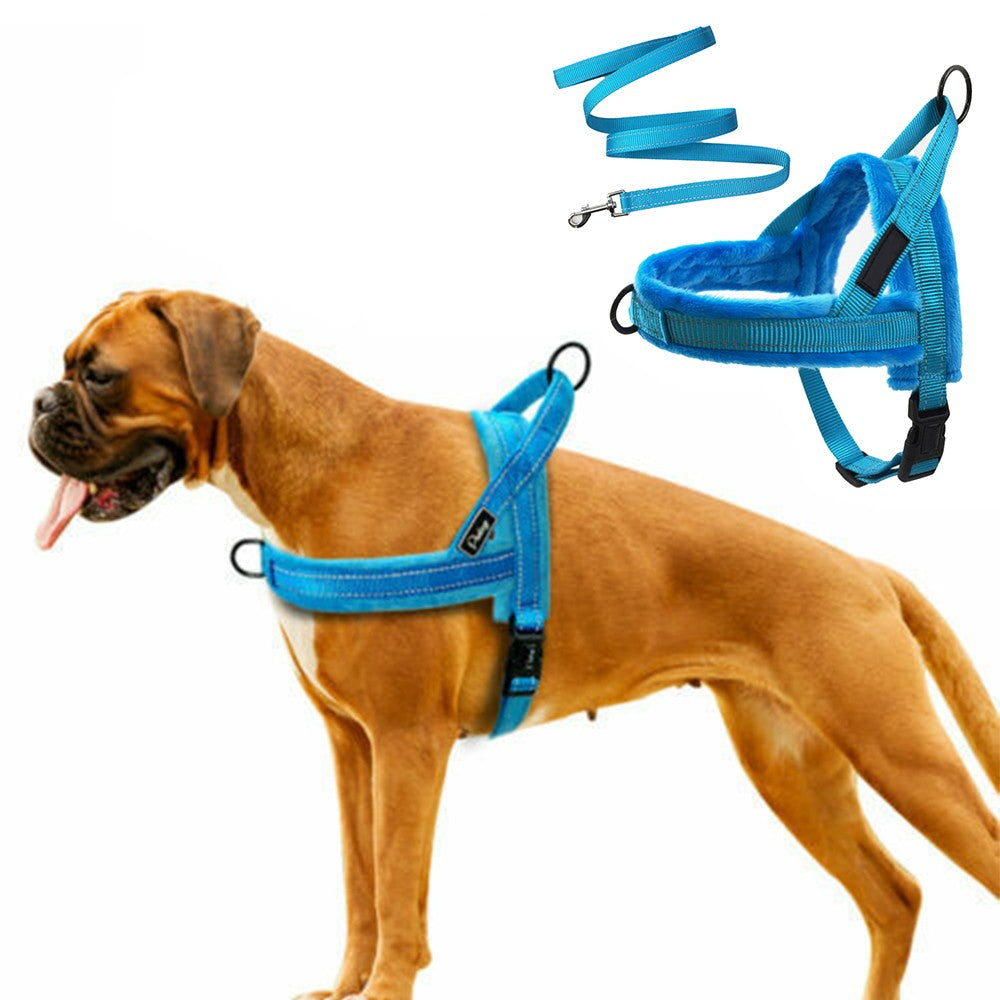 No Pull Pet Dog Harness and Leash Set Plush Padded Pet Vest with Reflective Strip Blue L