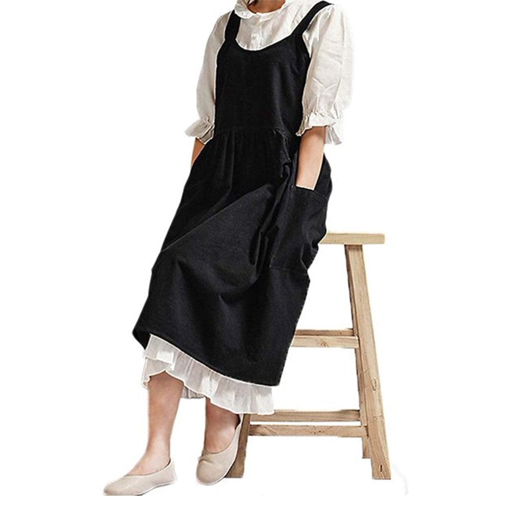 2 X Cotton Linen Aprons Cross Back Apron with Pockets for Kitchen Flower Shop Black and Beige