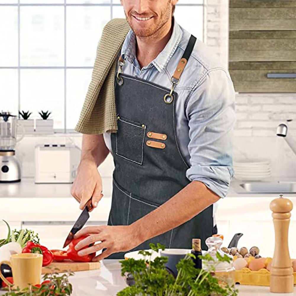 2 X Cotton Aprons Kitchen Cooking Apron Gardening Apron with Pockets Black and Turquoise