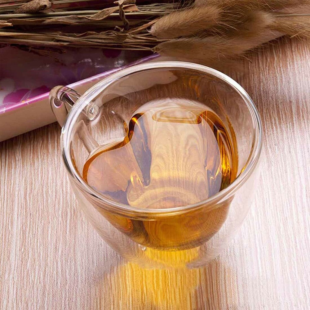 180ml Heart Shaped Double Wall Insulated Glass Cup Coffee Mug Drinking Tea Cup with Handle