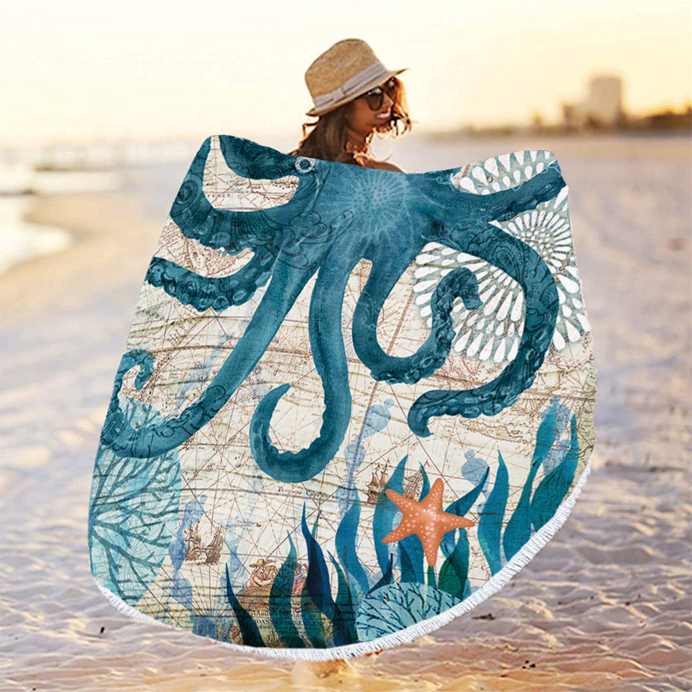 150cm Microfiber Round Beach Towel Tassels Beach Towel Beach Mat Octopus Design