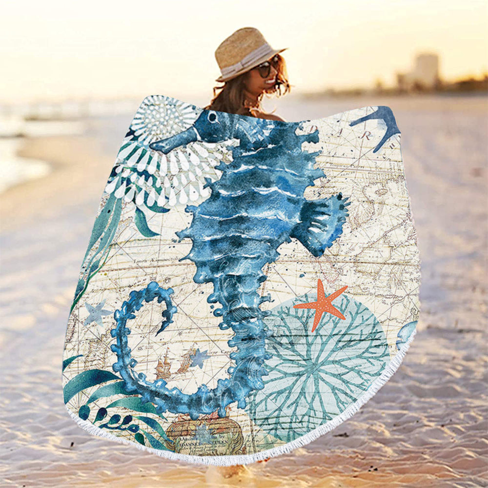 150cm Microfiber Round Beach Towel Tassels Beach Towel Beach Mat Seahorse Design