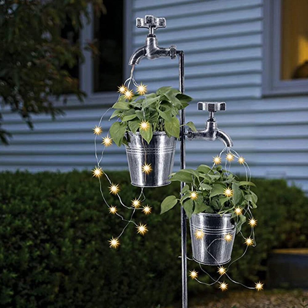 1 X Solar Faucet LED Light with 2 Planters Retro Metal Faucet Garden Stake Lamp Outdoor Yard Lawn Decoration