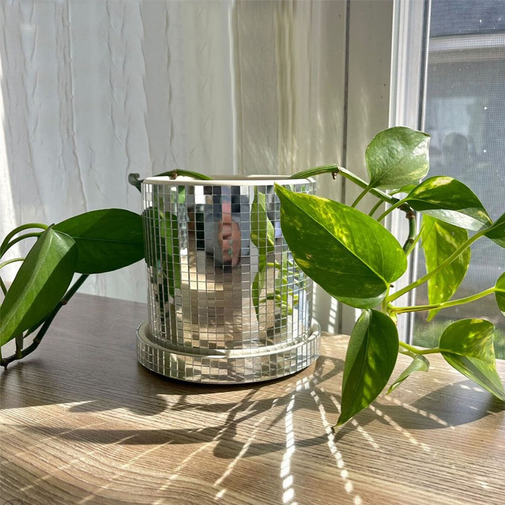 1 X Disco Ball Planter Pot with Base Mirror Ceramic Vase Modern Home Decor