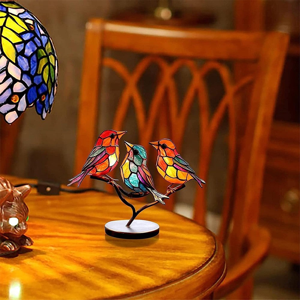Double Sided Stained Bird On Branch Desktop Ornament Metal Birds Figurine Home Decor Style 3