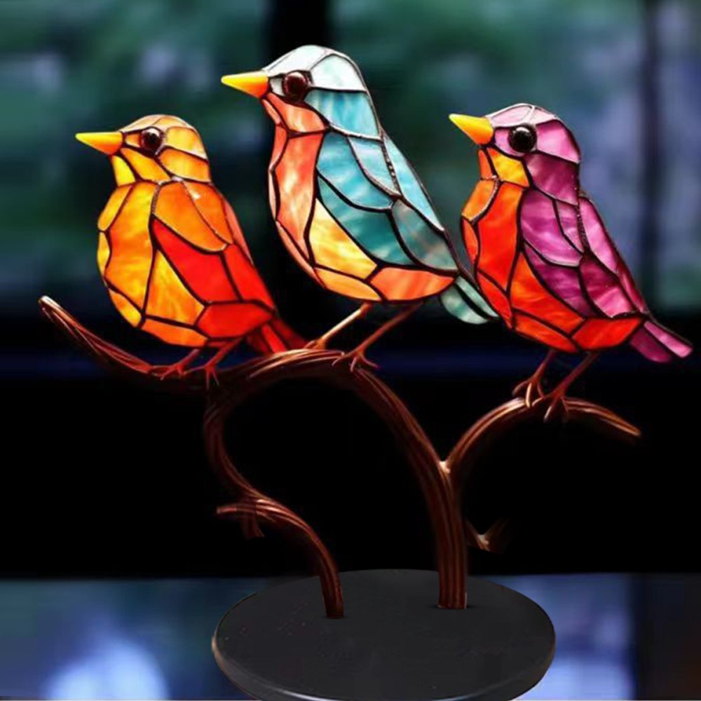 Double Sided Stained Bird On Branch Desktop Ornament Metal Birds Figurine Home Decor Style 4