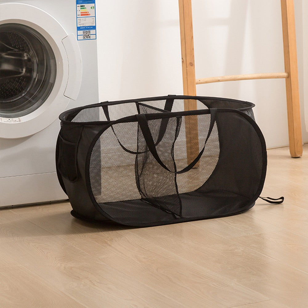 2-Compartment Popup Laundry Basket Collapsible Mesh Clothes Storage Basket Black