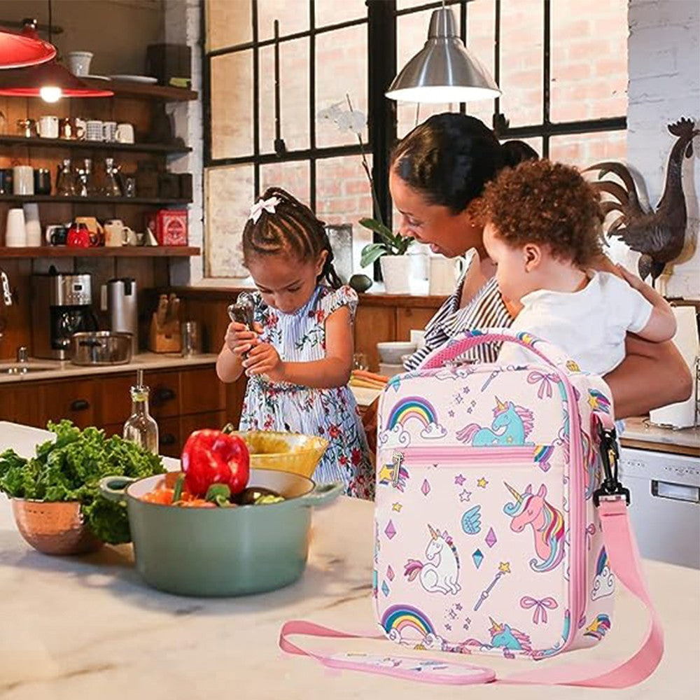 Portable Kids Insulated Lunch Bag Thermal Picnic Bag with Strap Pink