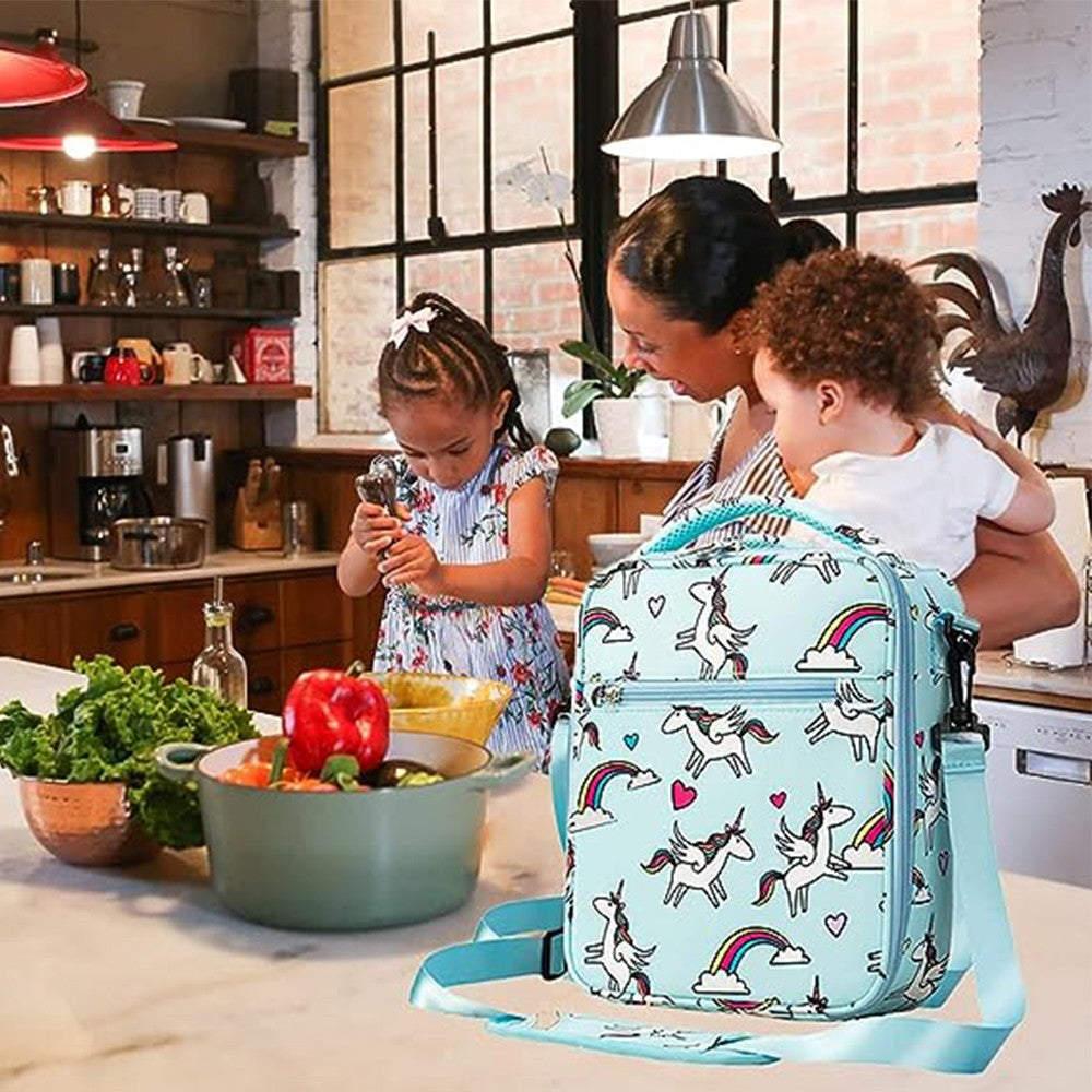 Portable Kids Insulated Lunch Bag Thermal Picnic Bag with Strap Blue