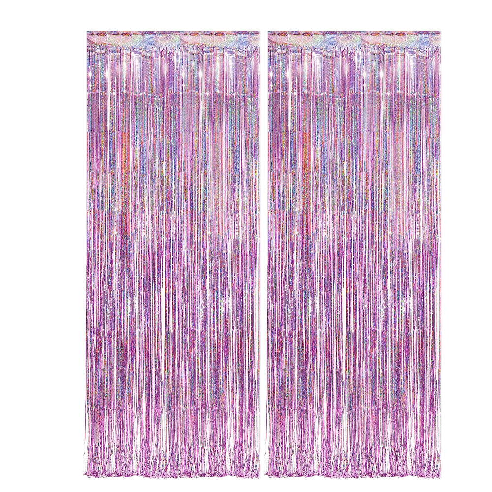 2Pcs Metallic Fringe Tinsel Curtain Pink Backdrop Door Streamers Party Decorations