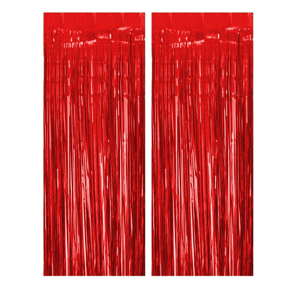2Pcs Metallic Fringe Tinsel Curtain Red Backdrop Door Streamers Party Decorations