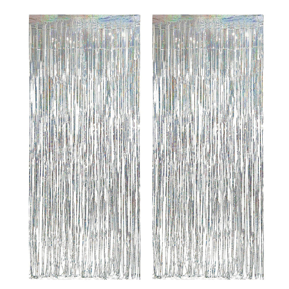 2Pcs Metallic Fringe Tinsel Curtain Silver Backdrop Door Streamers Party Decorations