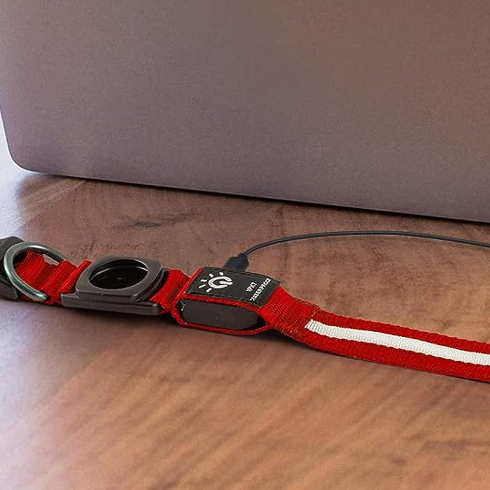 LED Pet Collar Light-up Rechargeable Dog Collar with Protective Case for AirTag Red L