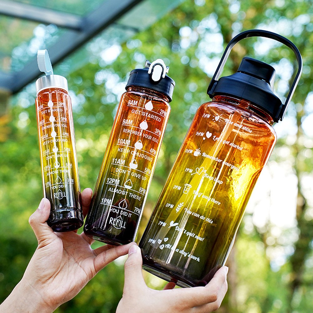 3-Piece Transparent Motivational Water Bottles with Time Markings - Black