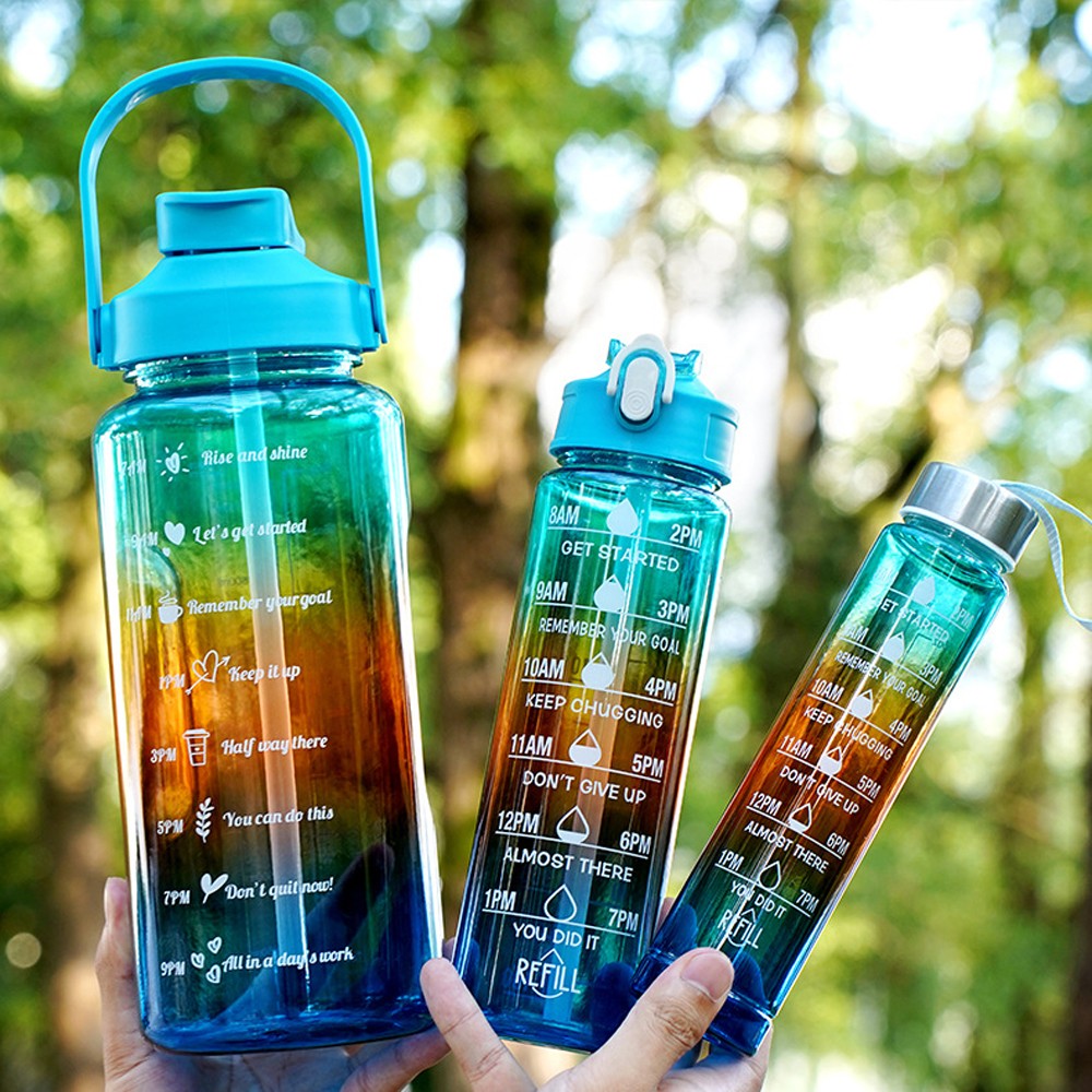 3-Piece Transparent Motivational Water Bottles with Time Markings - Blue