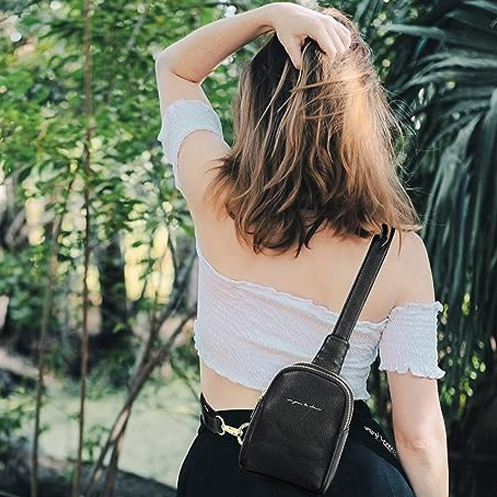 Womens PU Leather Sling Bag Chest Pack Crossbody Bag Black