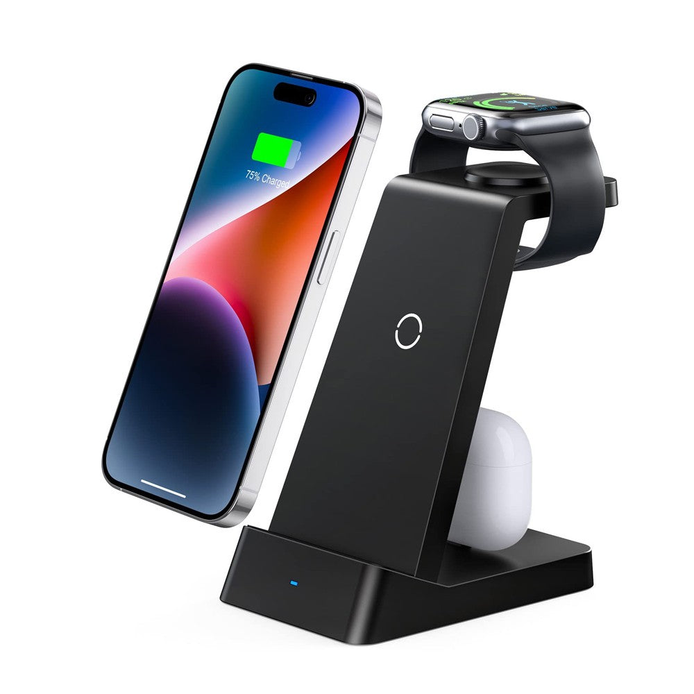 3 in 1 Qi Fast Charging Station 15W Wireless Charger Charging Dock for iPhone/Apple Watch/AirPods Black