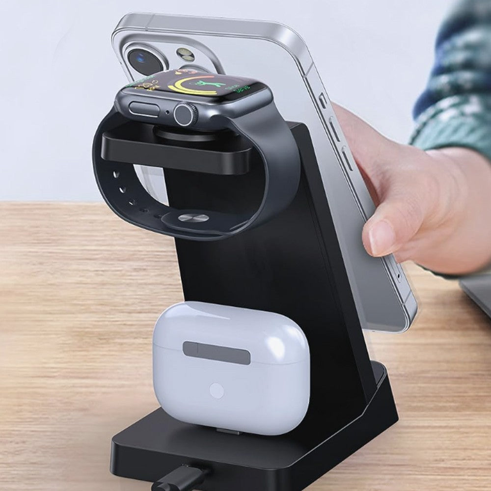 3 in 1 Qi Fast Charging Station 15W Wireless Charger Charging Dock for iPhone/Apple Watch/AirPods Black