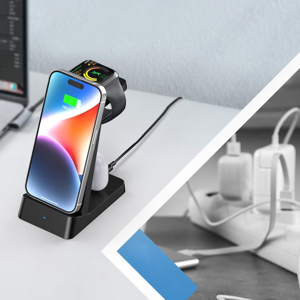 3 in 1 Qi Fast Charging Station 15W Wireless Charger Charging Dock for iPhone/Apple Watch/AirPods Black