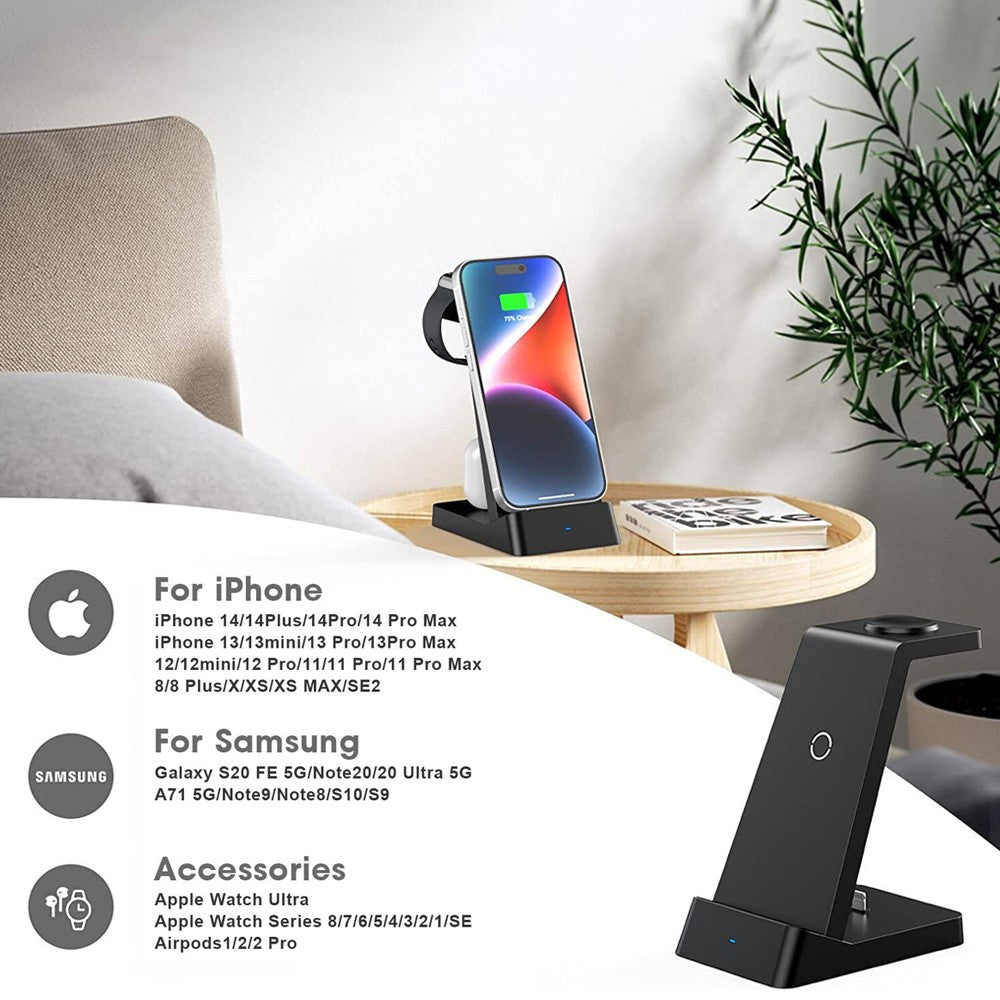 3 in 1 Qi Fast Charging Station 15W Wireless Charger Charging Dock for iPhone/Apple Watch/AirPods Black