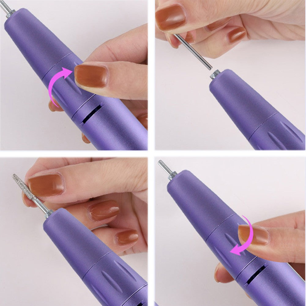 Electric Nail Drill with 6 Metal Drill Bits Portable Nail File Kit - Purple