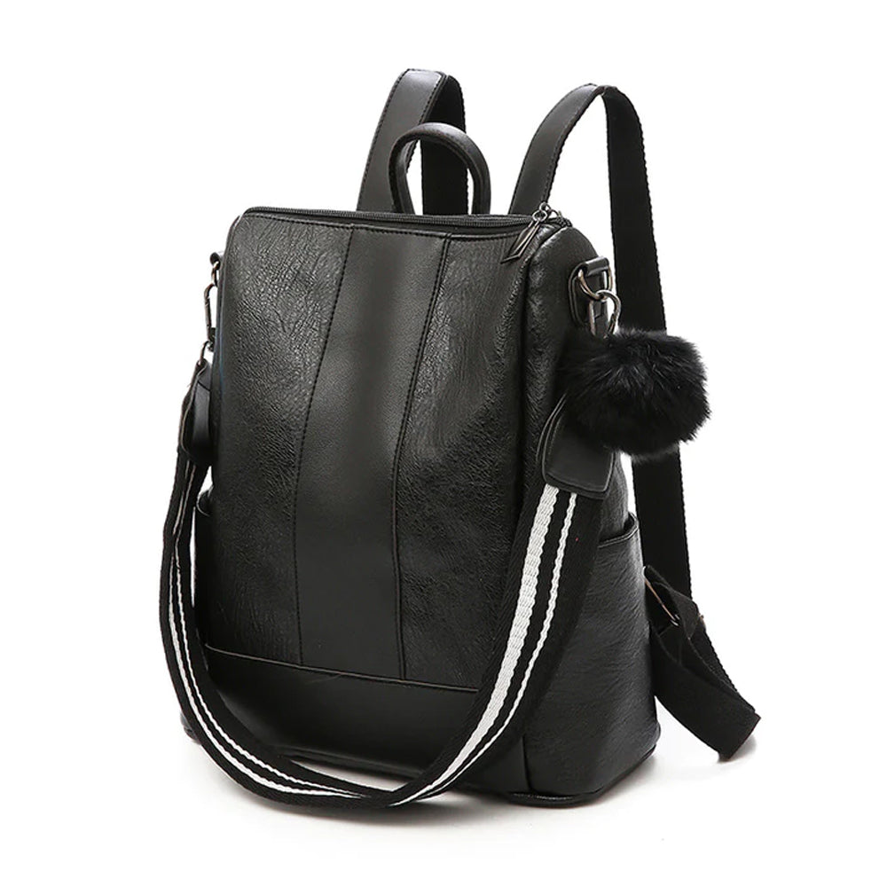Women PU Leather Fluffy Ball Ornament Backpack Black