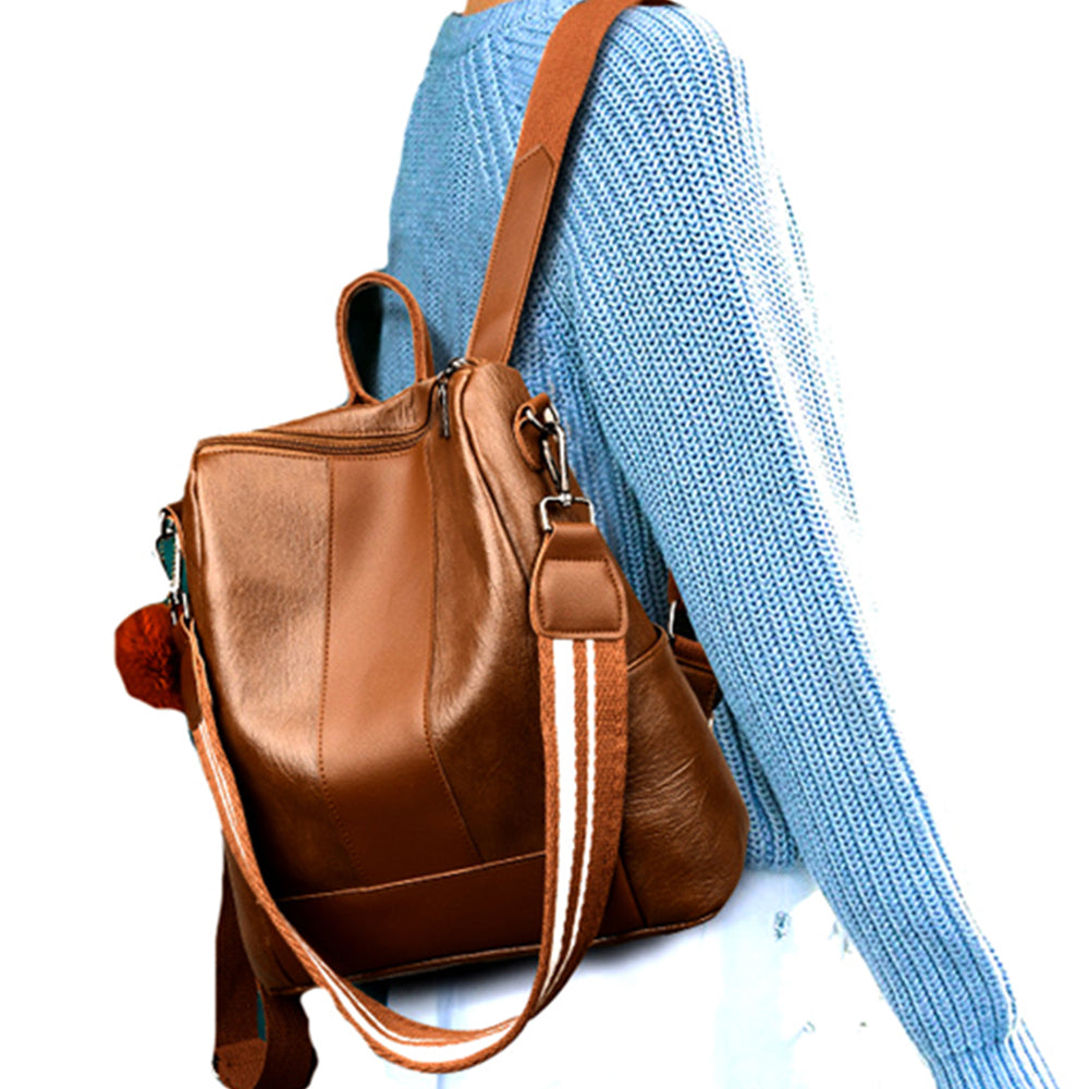 Women PU Leather Fluffy Ball Ornament Backpack Brown